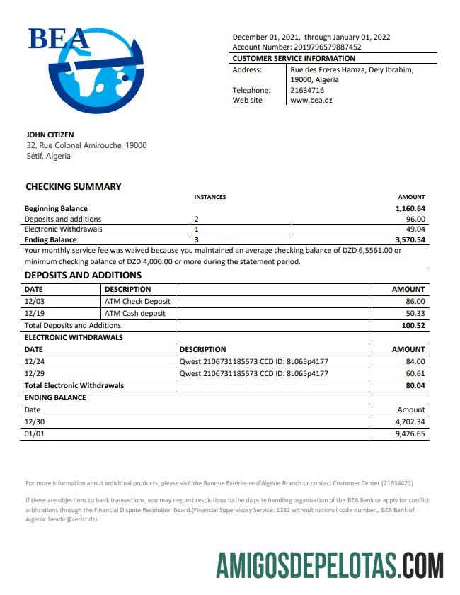 Exemplo de extrato bancário W1 do Banque Extérieure D’Algérie da Argélia